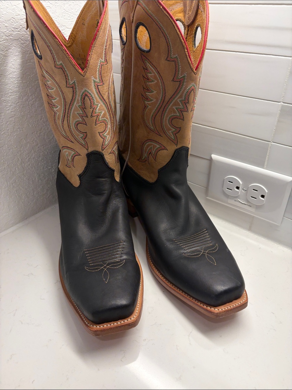 Justin Boots Black Foot with Tan Shaft Western Cowboy Boots
